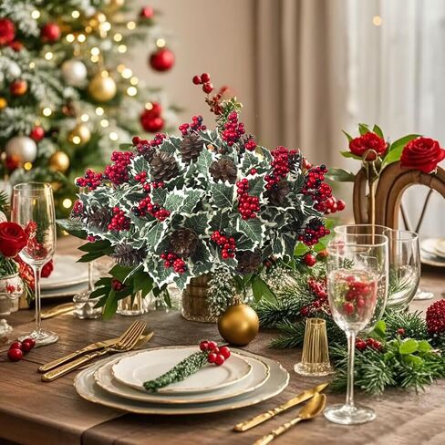 8 عبوات من زهور عيد الميلاد الاصطناعية مع التوت الهولي ومخاريط الصنوبر والأوراق الخضراء وسيقان الزهور الصناعية لديكور العطلات in Kuwait