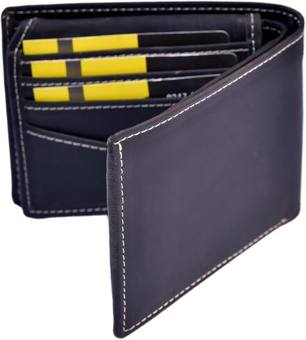 Mens Wallet,Top Grain Leather Wallet for Men,Genuine Leather Wallet, Bifold,Slim Wallet with 12 Card Slots, 1 ID Window, 2 Money Area, 2 Hidden Pocket.(Leather, Black) in Saudi Arabia