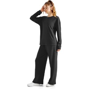 RXRXCOCO Ribbed Lounge Set for Women 2 Piece Pajama Sets Long Sleeve Tops Wide Leg Pants Matching Outfits with Pockets