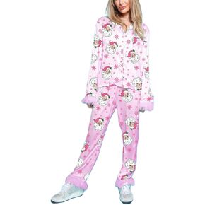 Womens Christmas Feather Pajamas 2 Piece Feather Trim Shirt and Plaid Pants Long Sleeve Button Down Sleepwear