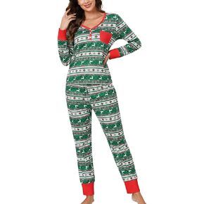 Womens Christmas Pajama Set V Neck Holiday Pajamas Button Down Long Sleeve Christmas Pajamas 2 Piece PJ Set S-XXL