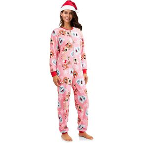 MJC Women's Christmas Pajama Set Rudolph The Red Nose Reindeer Pink Pajamas Union Suit with Silky Santa Hat