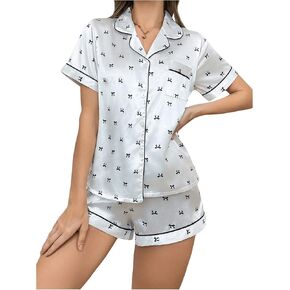 Women's 2 Piece Pajama Set Bow Print Button Down Short Sleeve Satin Top and Shorts Set Sleepwear