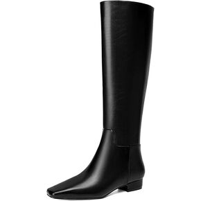 Beauty Cry Square Toe Flat Knee High Boots for Women Metallic Chunky Low Heel Leather Riding Boots With Side Zipper