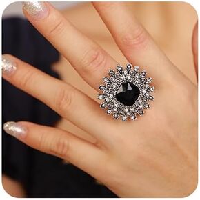 Xerling Black Silver Vintage Ring for Women Fashion Cocktail Statement Crystal Rings Aesthetic Retro Rhinestone Gemstone Big Rings for Costume Party