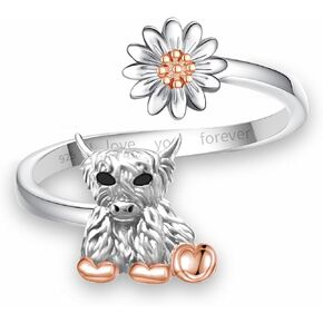 Highland Cow Ring Highland Cow Gifts for Women Highland Cow Decor Silver Jewelry Highland Cow Stuff Adjustable Open Rings Heart Birthstone Rings Cute Animal Jewelry Christmas Birthday Gift