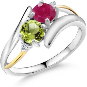Gem Stone King 1.12 Ct Round Red Ruby Green Peridot 925 Silver and 10K Yellow Gold Lab Grown Diamond 2 Stone Crossover Ring