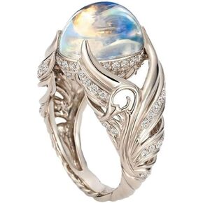925 Sterling Silver Shiny Angel Wings Full Diamond Set Round Moonstone Ring Euramerican Micro Inlaid Zircon Diamond ring Female Jewelry Found Earring found (US Code 8)