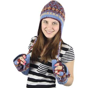 Nepal Hand Knit Ear Flaps Beanie Ski Wool Hat & Glove Mitten Set