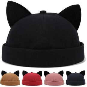 Cat Ears Brimless Hat Docker Caps for Women, Skull Cap Sailor Caps Adjustable Rolled Cuff Retro Mens Beanie Hat