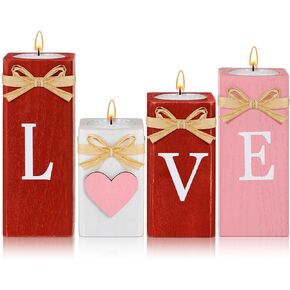 4 Pcs Valentine's Day Candle Holders Love Type Decorative Tealight Candle Holders Romantic Wood Candle Holder Tabletop Valentines Decor for Wedding