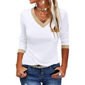 Dyexces Womens Long Sleeve T Shirts Casual V Neck Color Block Tunic Tops Loose Basic Top