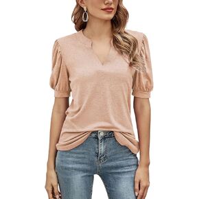Romanstii Women Casual V-Neck T-Shirts Loose Puff Short Sleeve Tops Tunic Blouses