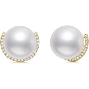 14K Real Gold Pearl Earrings for Women with CZ Diamond 8mm Freshwater Cultured Pearls Stud Earrings Anniversary Jewelry Birthday Chrsitmas Gifts for Her Mom Mother Wife Sister