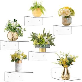 6 Pack Small Acrylic Floating Shelves for Wall, Wall Mounted Hanging Display Shelves for Plants, Adhesive Shelf for Bedroom, Picture Toy Clear Display Shelf