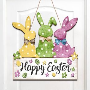 Queekay Easter Colorful Rabbit Wooden Hanging Sign for Front Door Decor Happy Easter Sign Easter Egg Colored Spotted Bunny Rabbit Door Wall Decoration 12.2 x 11.8 Inch for Farmhouse Indoor Outdoor