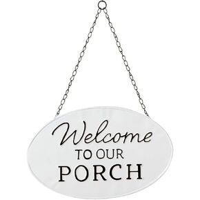 Midwest-CBK Enamel Porch Wall Decor Sign - Black & White Vintage Inspired Home Decor - Rustic Metal Farmhouse Sign - Antique Veranda Wall Decor – Welcome to Our Porch in Kuwait