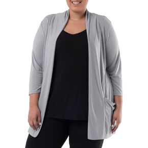 Wright's womens Plus Size 3/4" Sleeve Draped Open Front Jersey Pocket Cardigan