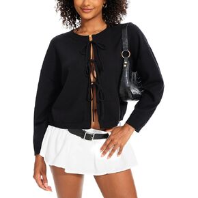 سترة كارديجان أمامية بربطة عنق للنساء للخريف ورقبة دائرية خفيفة الوزن ومريحة وجذابة باللون الأسود in Kuwait