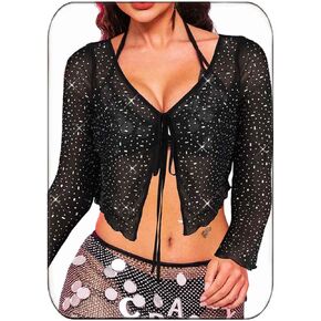 JAKAWIN Rhinestone Shrug Cardigan Mesh Black Crystal Cropped Tie Top for Women (Black)