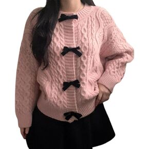 Womens Bow Knot Cardigan Sweater Long Sleeve Crew Neck Cable Knit Cardigan Coats Y2K Open Front Pullover Tops