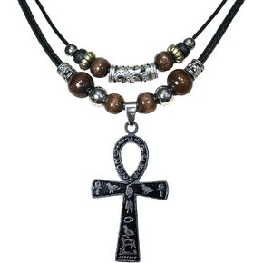 Double Layer Egyptian Necklace Ankh Cross Pendant Necklace Stainless Steel Ancient Egyptian Hieroglyphic Symbol Necklace for Men Women