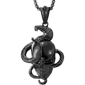COOLSTEELANDBEYOND Men Stainless Steel Snake Skull Pendant Necklace, Punk Rock, 30 inches Wheat Chain