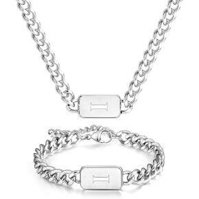 men's silver initial necklace bracelet Jewelery set for boy 2pcs Cuban chain Personalized name letters A-Z adjustable stainless steel link for men gift for him/her gift for boyfriend boys son