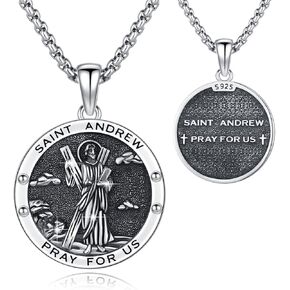 Saint Andrew Necklace for Men 925 Sterling Silver St Andrew Pendant Protection Medal Religious Amulet Necklace St Andrew Jewelry Gift Women