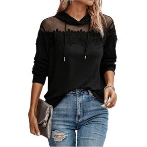 Floerns Women's Sheer Mesh Long Sleeve Drawstring Hoodie Floral Lace Sweatshirt