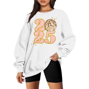 FRYAID Happy New Year 2025 Sweatshirt Women Christmas Glitter Shirts Family Holiday Graphic New Year Sweater Long Sleeve Tops