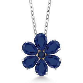 Gem Stone King 925 Sterling Silver and 10K Yellow Gold Blue Sapphire Pear Shape Flower Pendant Necklace For Women (3.06 Cttw, 6X4MM, Gemstone Birthstone, with 18 Inch Chain)