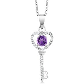 Gem Stone King Heart Key Pendant Necklace For Women | 925 Sterling Silver | Gemstone Birthstone | Round 5MM | With 18 Inch Silver Chain