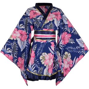 Resnan Women's Floral Print Traditional Japanese Kimono Short Robe Set Satin Bathrobe Sleepwear Tabi Socks Yukata Costume