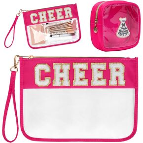 2 Pcs Chenille Letter Clear Zipper Pouch for Travel Cheerleader Gifts Clear Cheer Makeup Bag Waterproof Cosmetic Pouch Clear Snack Bags Cheer Cosmetic Bag Gift for Women (Blue-Cheer)
