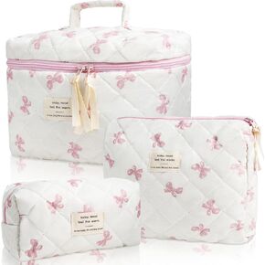 Quilted Makeup Bag Set, 3 PCS Pink Bow Makeup Bag for Women and Girls, Large Cotton Cosmetic Bag Pink Flower Travel Toiletry Bag