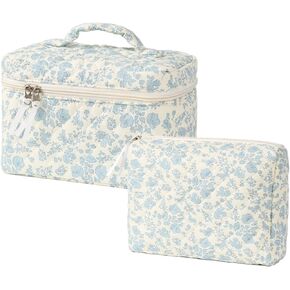 2Pcs Cotton Quilted Makeup Bag Cute Floral Cosmetic Bag with Zipper Portable Travel Toiletry Bag for Women Large Coquette Aesthetic Bag Makeup Organizer Fashion Gift for Travelers
