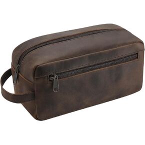 Ringsun Leather Travel Toiletry Bag for Men, Full Grain Leather Dopp Kit Shaving Bag Travel Organizer, Bourbon Brown