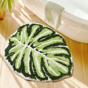Leaf Rug Flower Monstera Plant Shaped Rug - Cute Small Green Bath Mat Bathroom Rug Non Slip, Water Absorbent, Machine Washable
