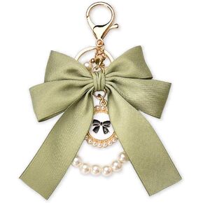 Bow Pearl Key Lanyard Keychain for Women Elegant French Bowknot Pearl Beaded Key Wristlet Key Ring for Car Keys Purse