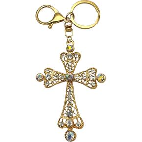 Bejeweled Cross Keychain, Purse Jewelry, Filigreed, Gold-Tone - 6 in Long