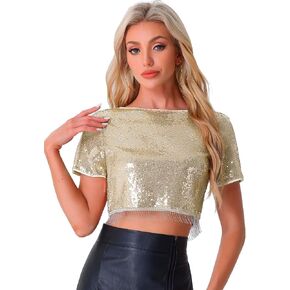 Allegra K Sequin Tops for Women's Glitter Short Sleeve Cropped Round Neck Tassel Cocktail Party Christmas Sparkly Top