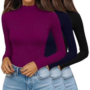 Huukeay 3 Pack Women's Ribbed Mock Turtleneck Tops Long Sleeve Lettuce Trim Neck T Shirts Slim Fit Basic Undershirt Tee