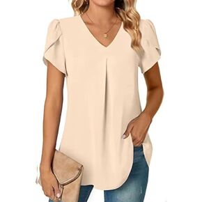 SHEKINI Womens Summer Tops Dressy Chiffon Blouses Short Sleeve V Neck Tunic Tops for Leggings Casual Shirts Flowy Ruffle