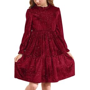 فستان BesserBay Fall Girls لامع على شكل حرف A مخملي برقبة دائرية مقاس 5-14 سنة in Kuwait