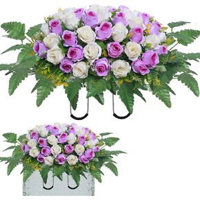 Artificial Cemetery Flower Saddles, Rose Headstone Flower Saddle Outdoor Grave Decorations,Cemetery Memorial Flowers with Vase for Grave Tombstone Decorations (Red and Champagne, Saddle)