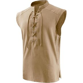Mens Medieval Pirate Sleeveless Shirts Renaissance Lace Up Cotton Linen Tank Top Gothic Viking Pirate Beach Tunic