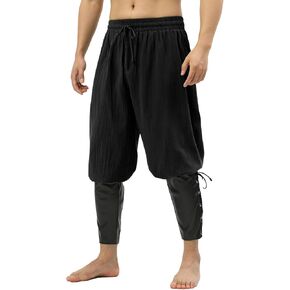 Mens Pirate Pants Medieval Viking Costume, Renaissance Lace-up Ankle Banded Trousers Cotton Linen Cosplay Outfits