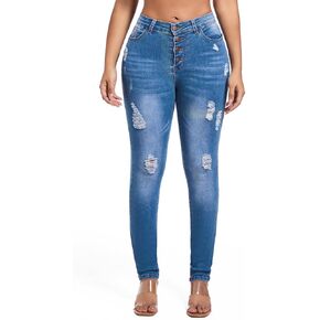 FISCLOSIN Women's Ripped High Waist Stretch Jeans 5 Button Push Up Butt Lifting Skinny Pants