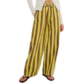 LifeShe Womens Striped Wide Leg Jeans Drawstring Elastic Waist Denim Pants Casual Baggy Jean Trousers